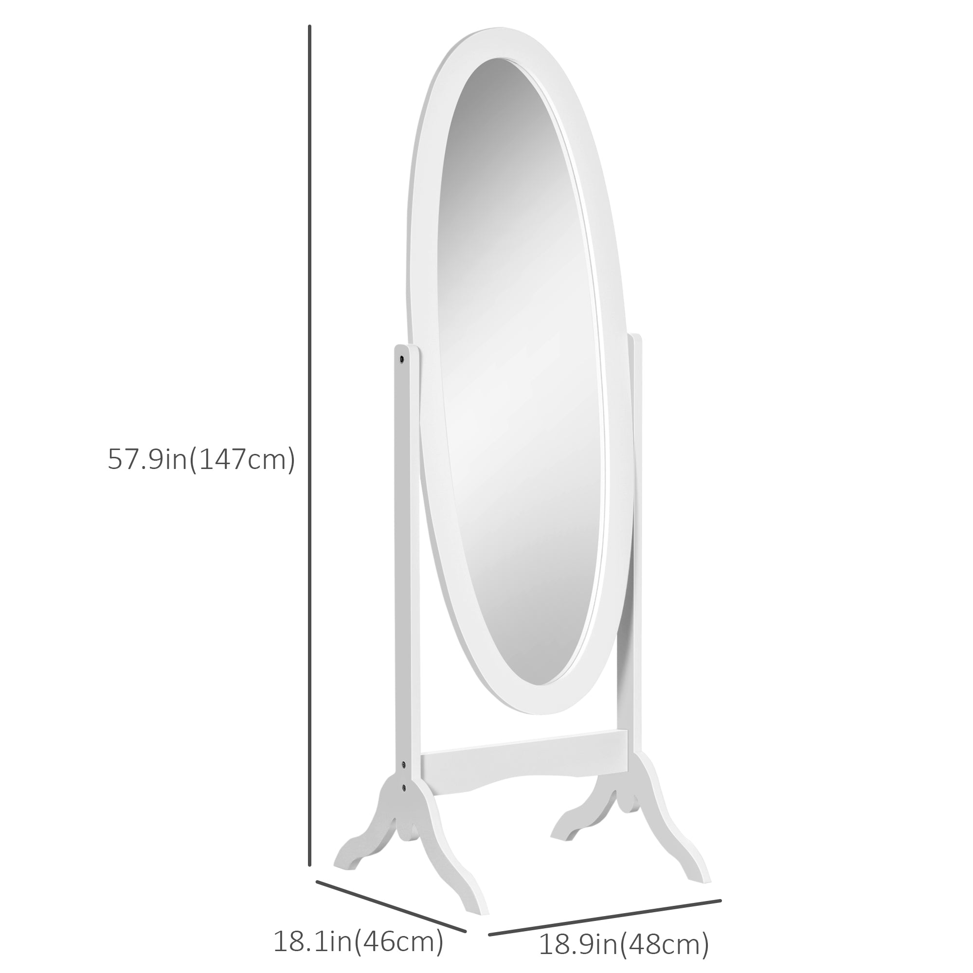 Floor Standing Mirror Full Length Mirror with Adjustable Angle Oval Frame for Dressing Room Bedroom Living Room White