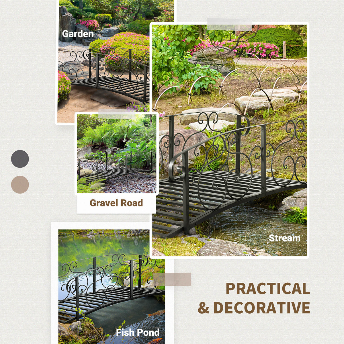 6FT Steel Garden Bridge with Safety Siderails, Decorative Arc Landscaping Bridge for Backyard Creek Stream Pond, Brown