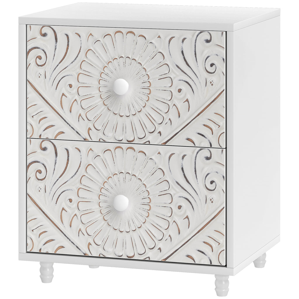 Mid-Century Bedside Table, Nightstand with 2 Drawers, Side End Table for Bedroom, White
