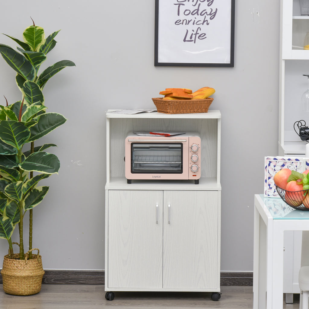 Microwave Cart on Wheels Utility Trolley Storage Sideboard Bookcase with 2-door Cabinet, White Oak