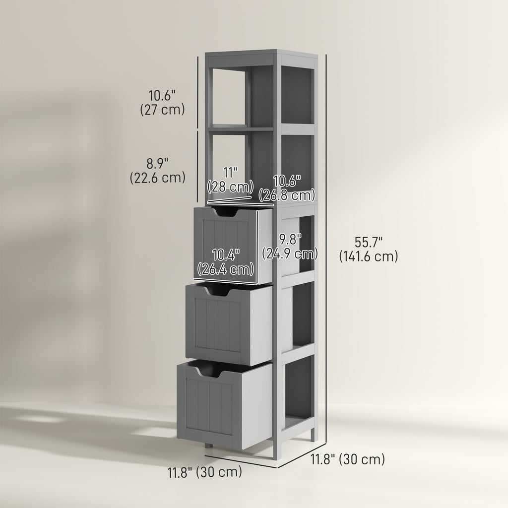 Narrow Bathroom Cabinet with 3 Drawers and 2 Tier Shelf, Tall Cupboard Freestanding Linen Tower, White