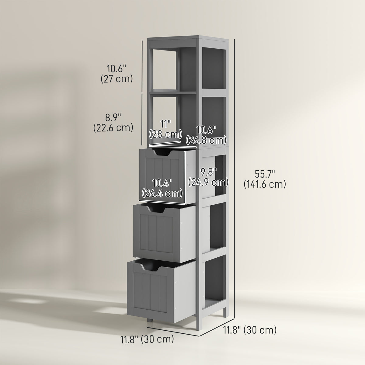 Narrow Bathroom Cabinet with 3 Drawers and 2 Tier Shelf, Tall Cupboard Freestanding Linen Tower, White