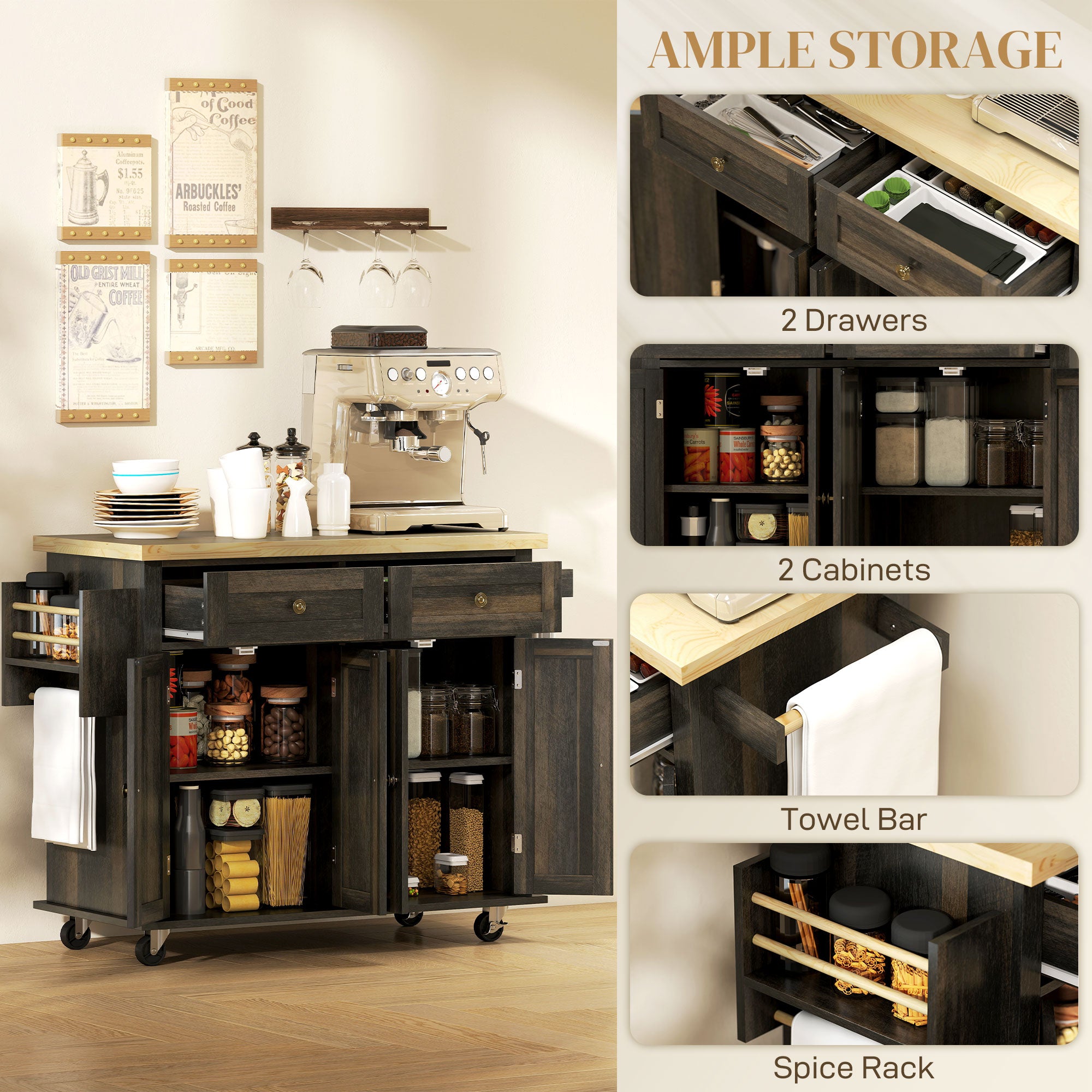 Kitchen Island with Storage, Rolling Trolley Cart with Rubber Wood Top, Spice Rack, Towel Rack, Grey