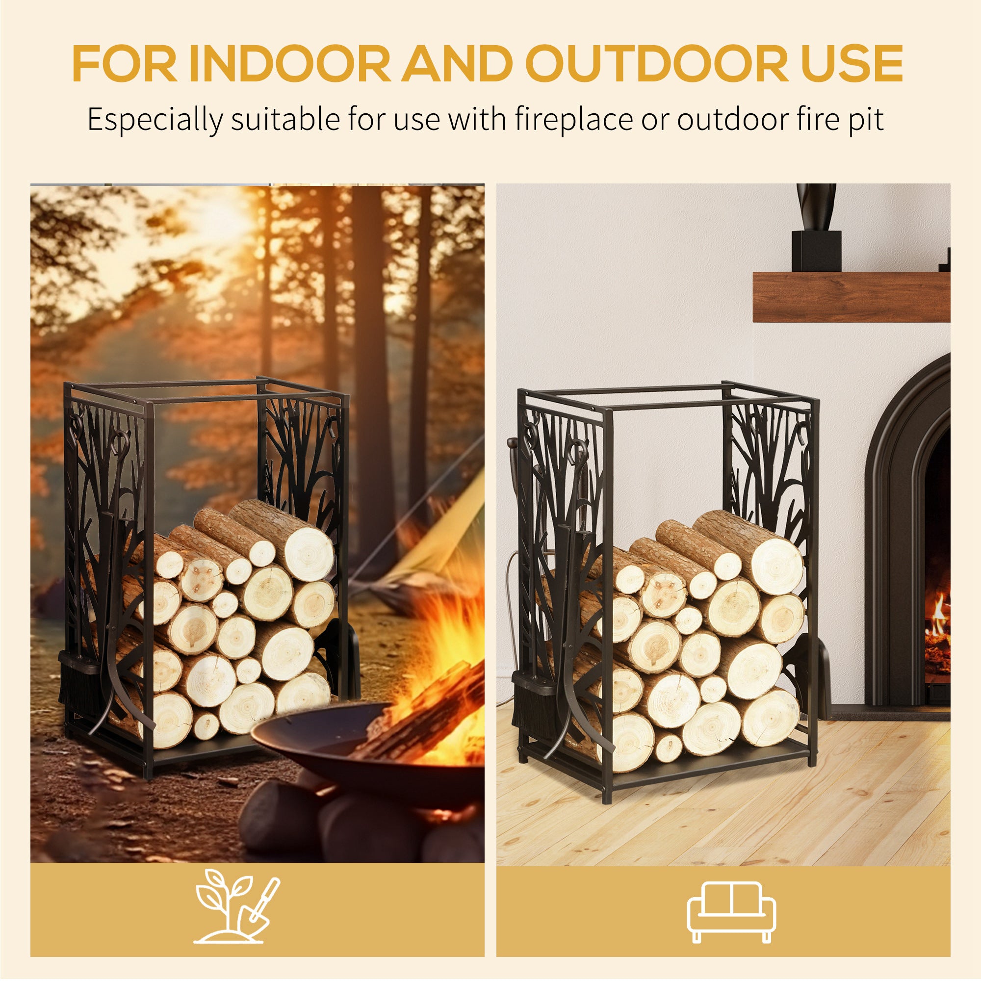 18.1" x 11.8" x 27.6" Firewood Rack with 4 Tools, Log Holder for Fireplace, Outdoor Indoor Wood Storage Stacker, Black