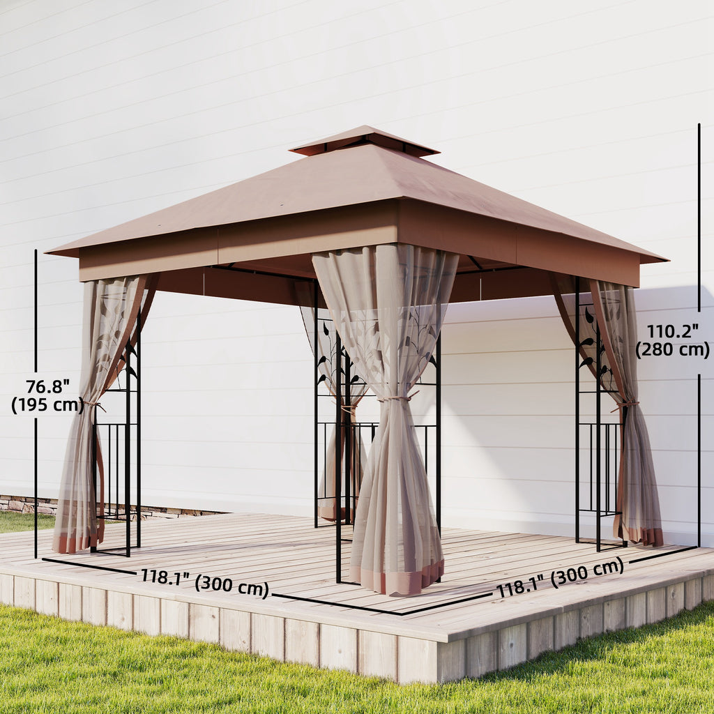 10'x10' ለስላሳ ጫፍ ዘለዎ ሃጥን ፓቲዮ ጋዜቦ ደገ ፀሓይ መከላኸሊ ምስ 2-ደረጃ ፖሊኤስተር ጣሪያ፣ መጋረጃ ጎን ግድርታት፣ ጸሊም ቡናዊ