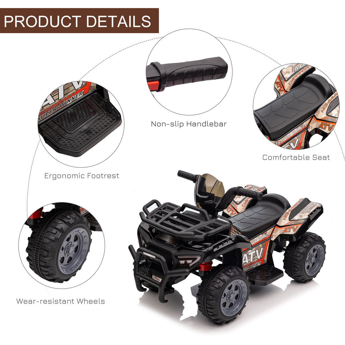 Aosom Kids Ride-on ATV Quad Bike Four Wheeler Car with Music, 6V Battery Powered Motorcycle for 18-36 Months, Black