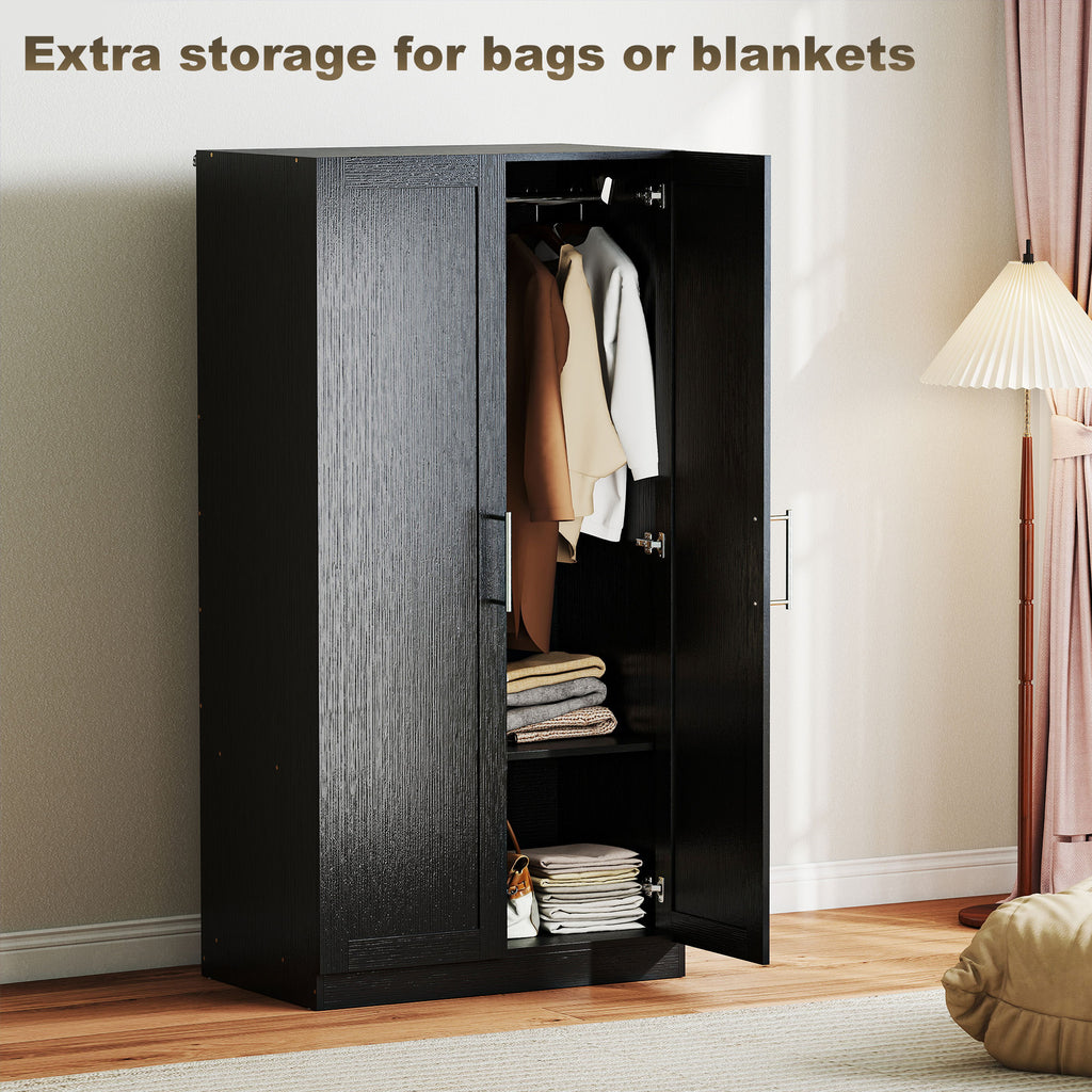 Wardrobe Cabinet with 2 Doors and Hanging Rod, Modern Armoire Wardrobe Closet for Bedroom, White Wood Effect