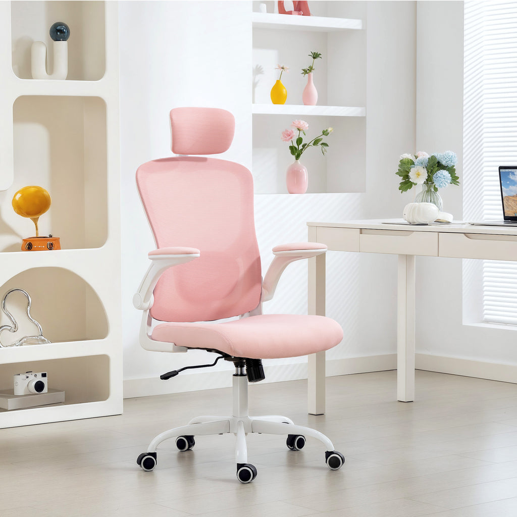 Ergonomic Office Chair, Mesh Desk Chair with Adjustable Headrest, Lumbar Support and Height, Flip-Up Armrests, Pink