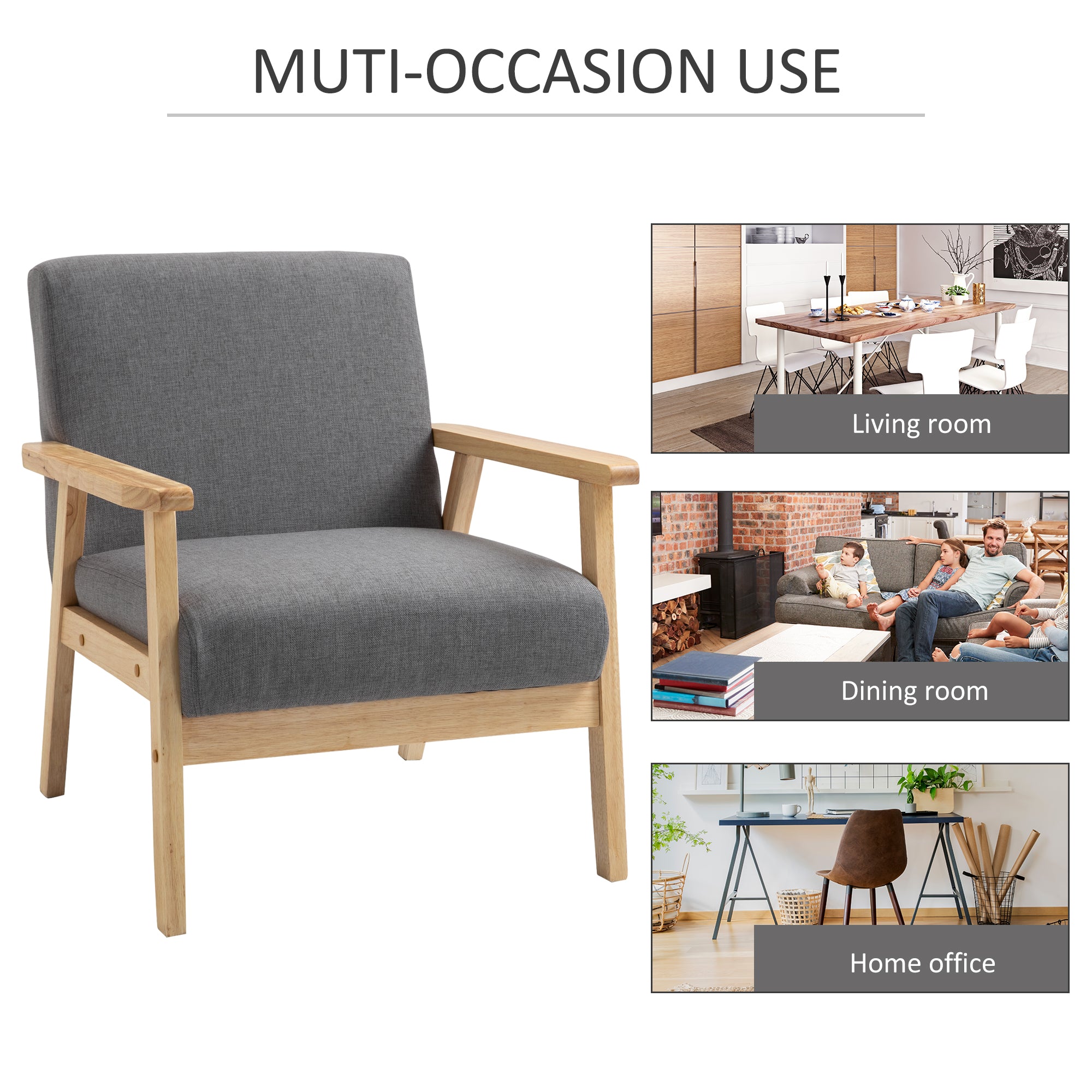 Minimalistic Accent Chairs Wood Frame w/ Thick Linen Cushions Wide Seat Armchair for Bedroom Office, Grey