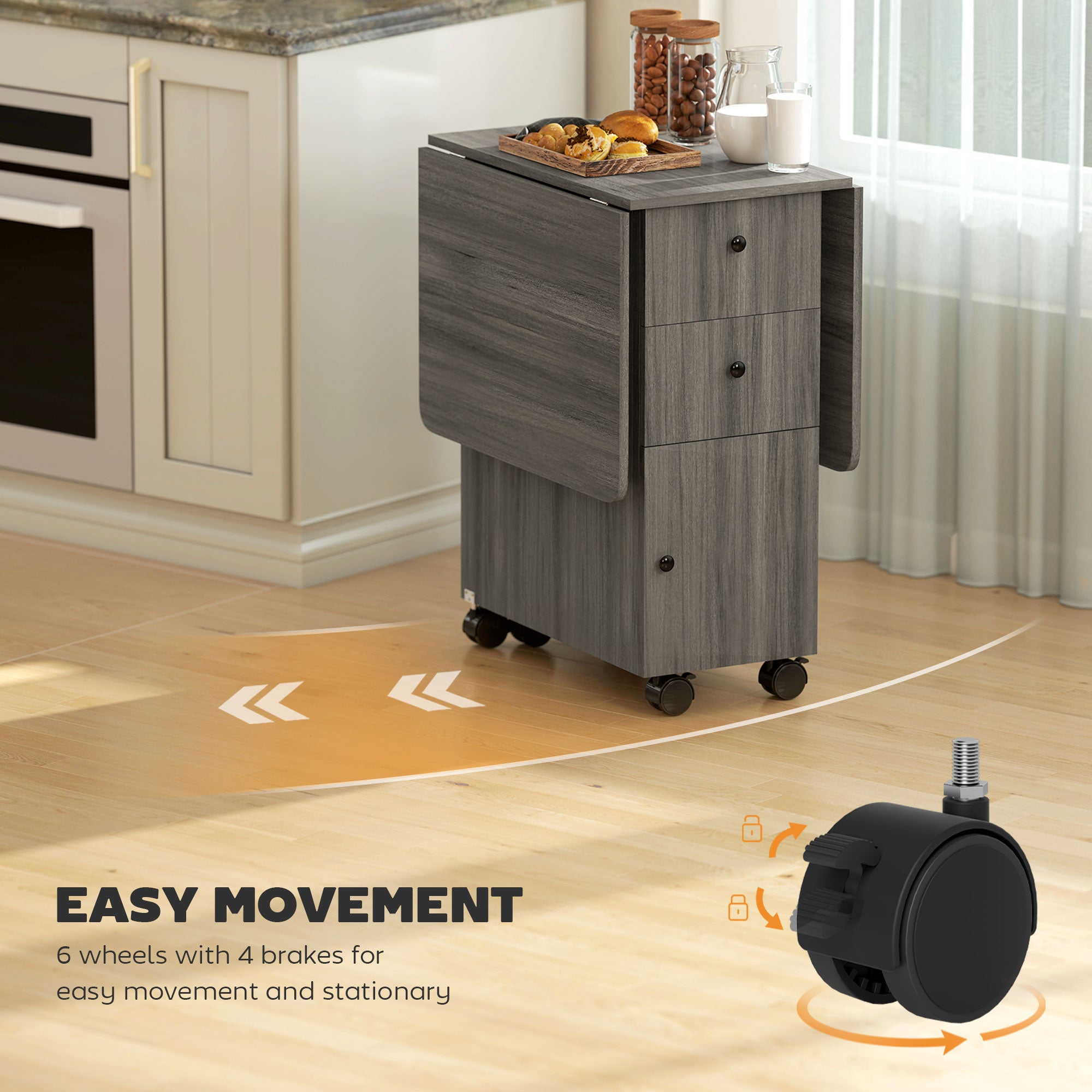 Foldable Dining Table, Rolling Kitchen Table with Storage Drawers and Cabinet, Drop Leaf Table on Wheels, Grey