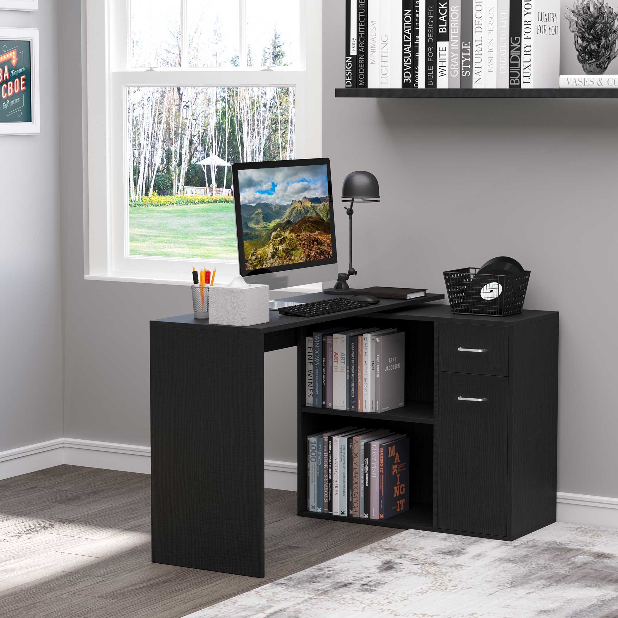 180° Rotating Home Office Corner Desk Storage Shelf Cabinet Black