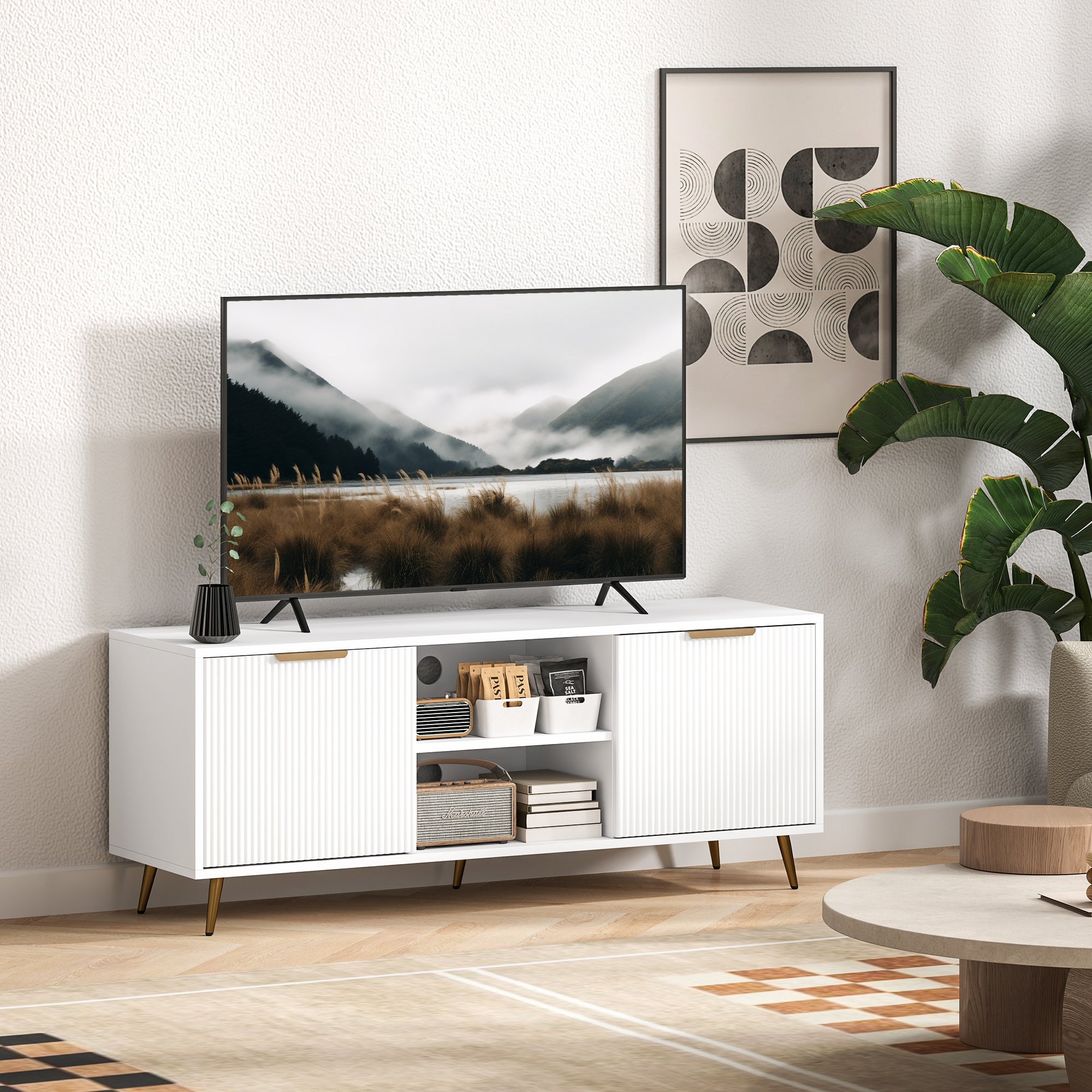 TV Stand with Storage for 55 Inch TV, Modern TV Cabinet with 2 Open Shelves and 2 Cabinets for Living Room, White