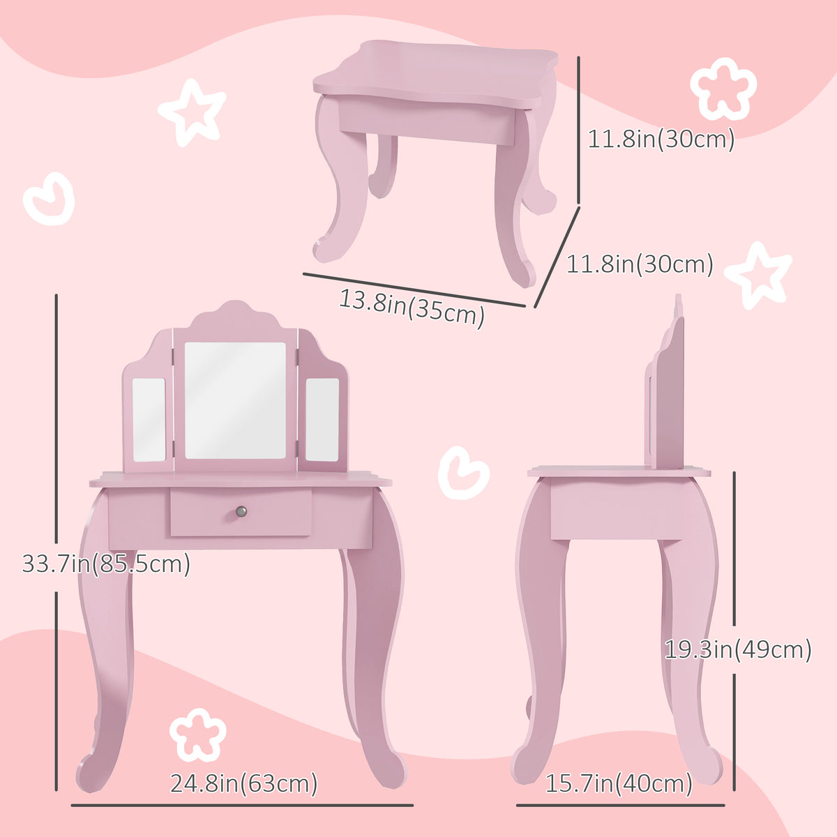 Qaba Kids Vanity Table and Stool, Makeup Vanity Girls Dressing Table Set with Tri-folding Mirrors Drawer Star and Heart Pattern, Pink