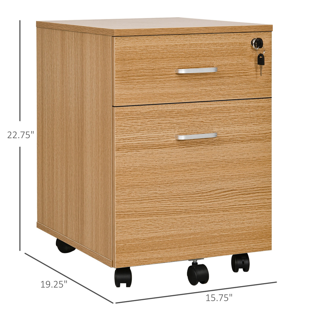 2 Drawer File Cabinet with Lock and Keys, Mobile Vertical Filing Cabinet with Wheels and Drawers, Home Office Cabinet, Natural