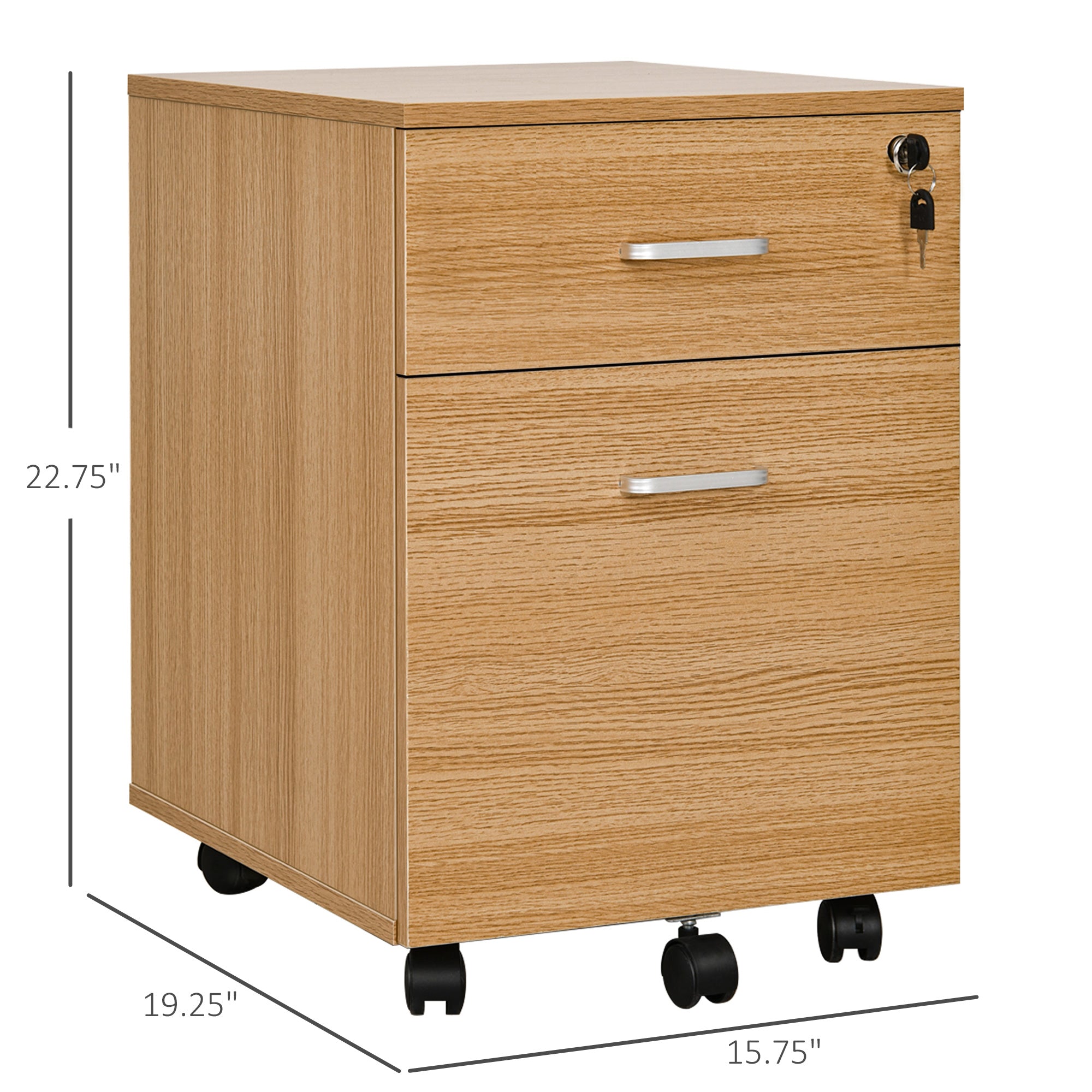 2 Drawer File Cabinet with Lock and Keys, Mobile Vertical Filing Cabinet with Wheels and Drawers, Home Office Cabinet, Natural