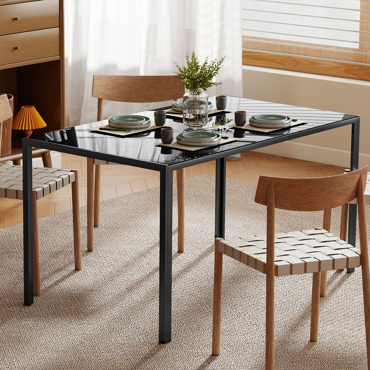 Rectangular Kitchen Table for 4 People, Dining Table with Tabletop Tempered Glass for Dining Room, Living Room, Black