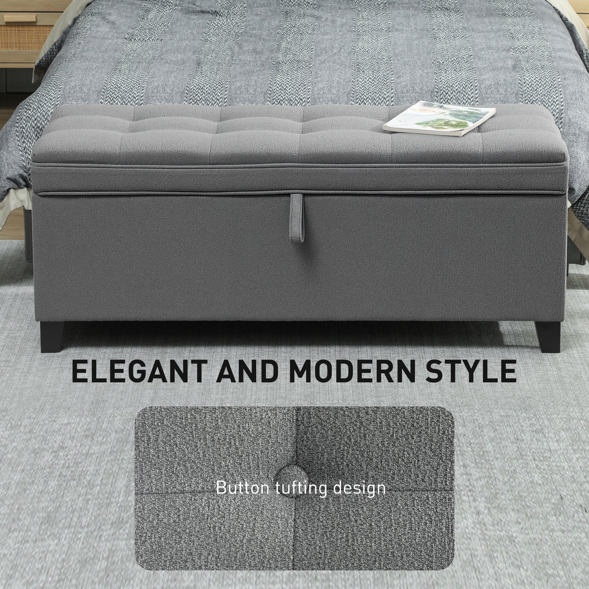 Storage Ottoman Bench, Foot Rest with Safety Hinges, 47 Inches Linen Storage Chest for Living Room, Dark Grey
