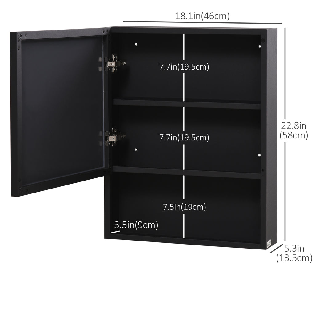 Bathroom Medicine Cabinet, Wall-Mounted Mirror Cabinet with Single Door, Storage Shelves and Stainless Steel Frame for Laundry Room, Black