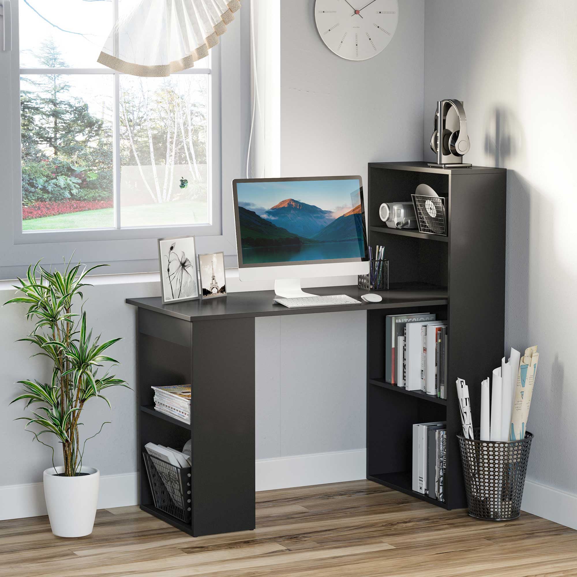Modern Computer Desk with Storage Shelves, 47" Writing Table Workstation with Bookshelf for Home Office, White