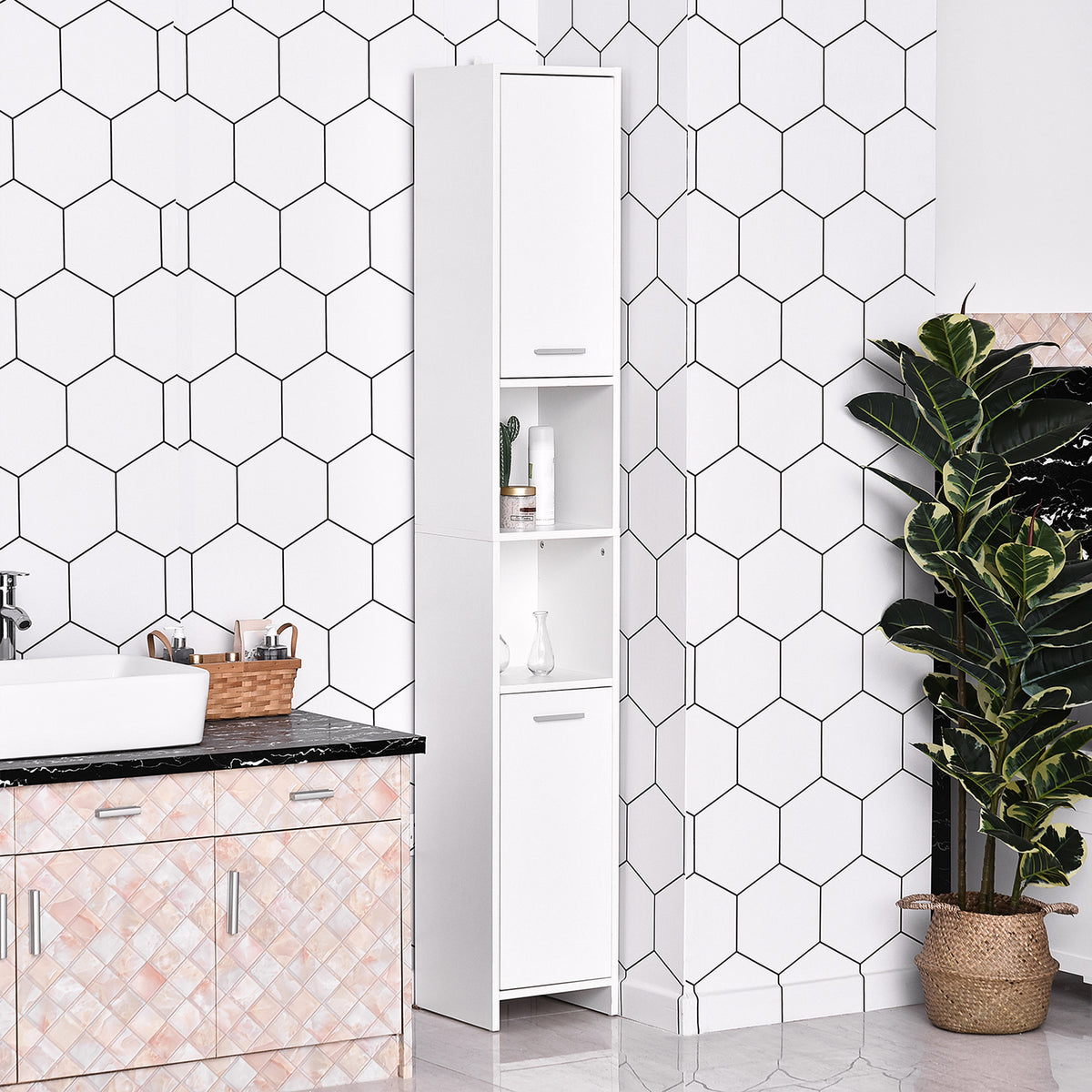 Tall Bathroom Vanities, Narrow Bathroom Cabinets with 2 Doors, Open Compartment and Adjustable Shelves, White