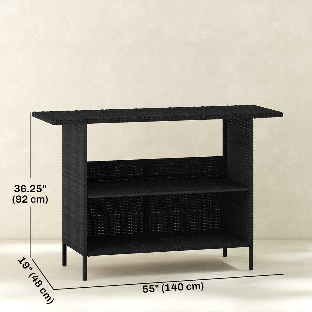 Wicker Outdoor Bar Table, PE Rattan Bar Height Patio Table with 2 Shelves, Steel Frame for Garden, Backyard, Black
