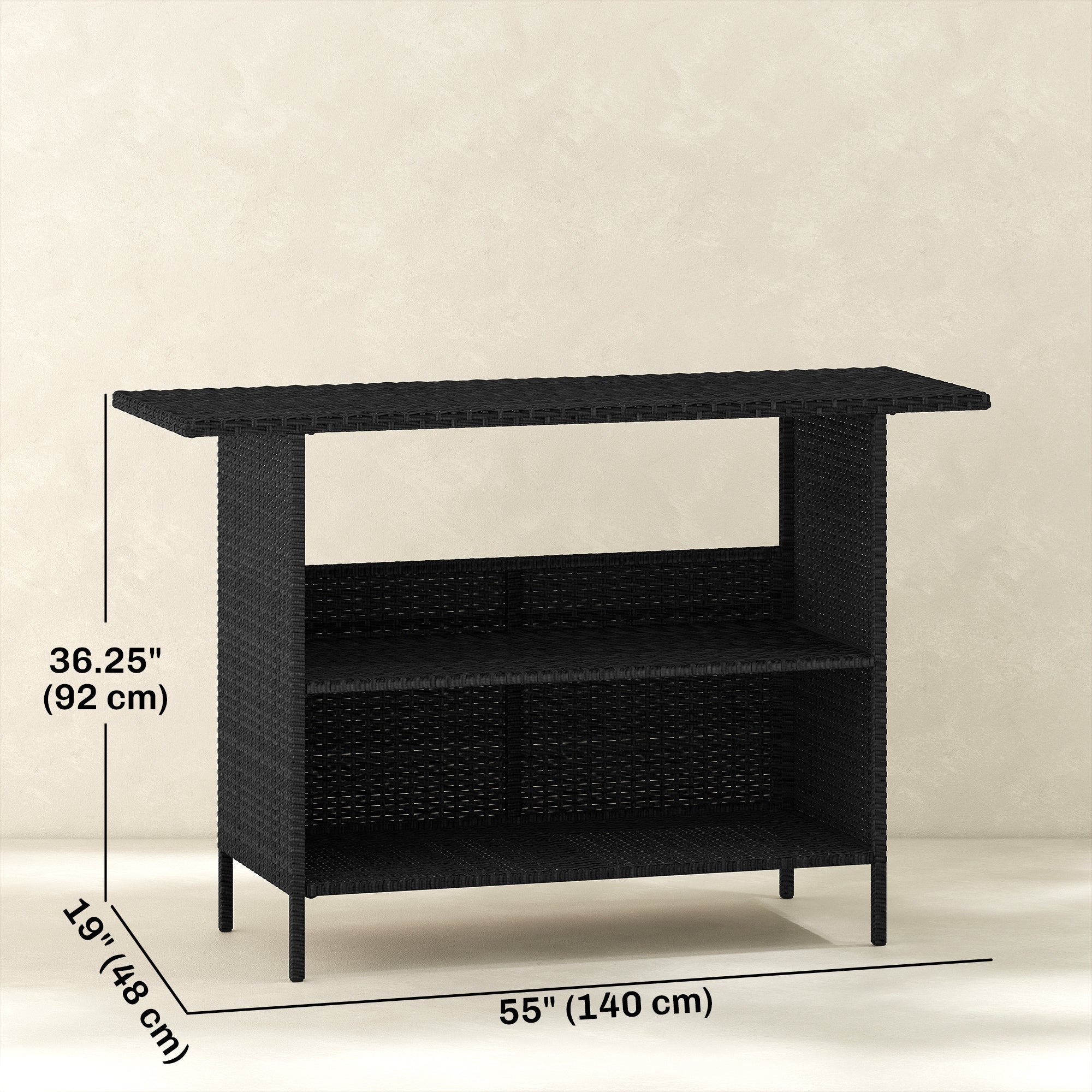Wicker Outdoor Bar Table, PE Rattan Bar Height Patio Table with 2 Shelves, Steel Frame for Garden, Backyard, Black