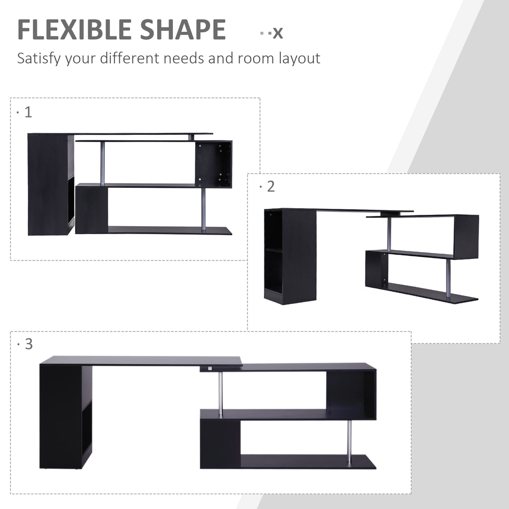 55" Corner Computer Desk, 360° Rotating L-Shaped Desk, Home Office Workstation with 3-Tier Shelves, Bookshelf, White