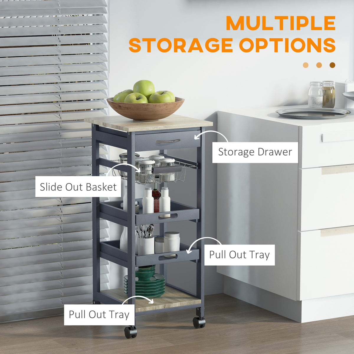 Rolling Kitchen Island Cart, Mobile Utility Storage Cart with Drawer, Wire Storage Basket, Removable Tray, Grey