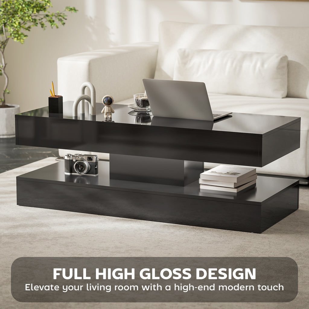 Coffee Table with Adjustable LED Lights, Modern Living Room Table with 2 Drawers, Open Shelf, Remote, High Gloss White