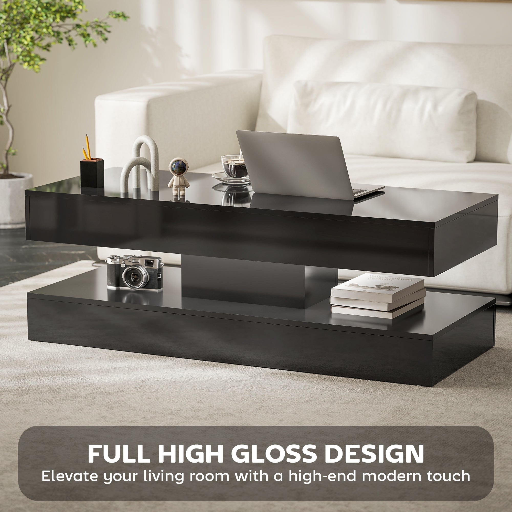 Coffee Table with Adjustable LED Lights, Modern Living Room Table with 2 Drawers, Open Shelf, Remote, High Gloss White