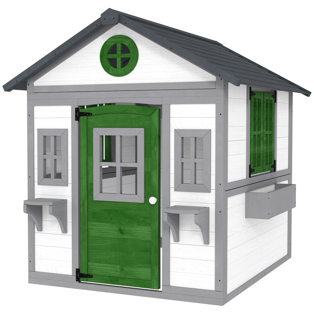 Wooden Playhouse for Kids Outdoor with Door, Windows, Planter Pots and Boxes for Toddlers 3-8 Years, White