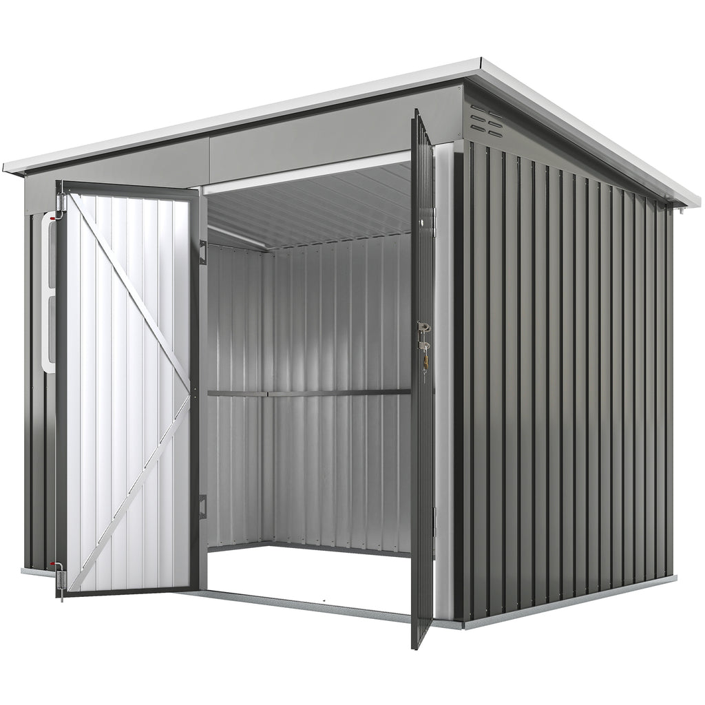 8.5' x 6' Galvanised Steel Outdoor Storage Shed, Garden Shed with Window, Lockable Wide Doors and Air Vents, Grey