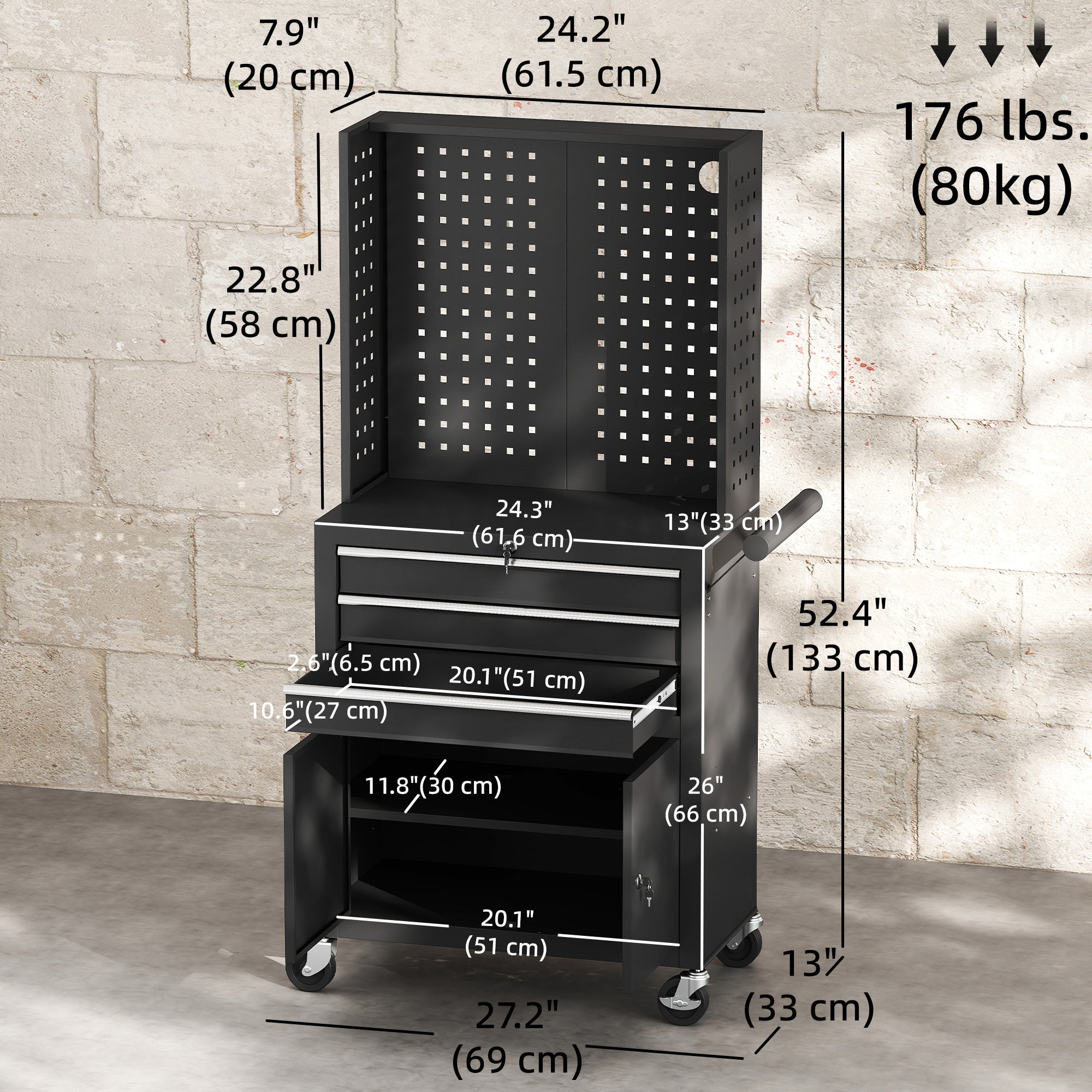 Rolling Tool Cabinet with Pegboard, Lockable Tool Chest, Mobile Tool Storage Organizer for Garage and Workshop, Black