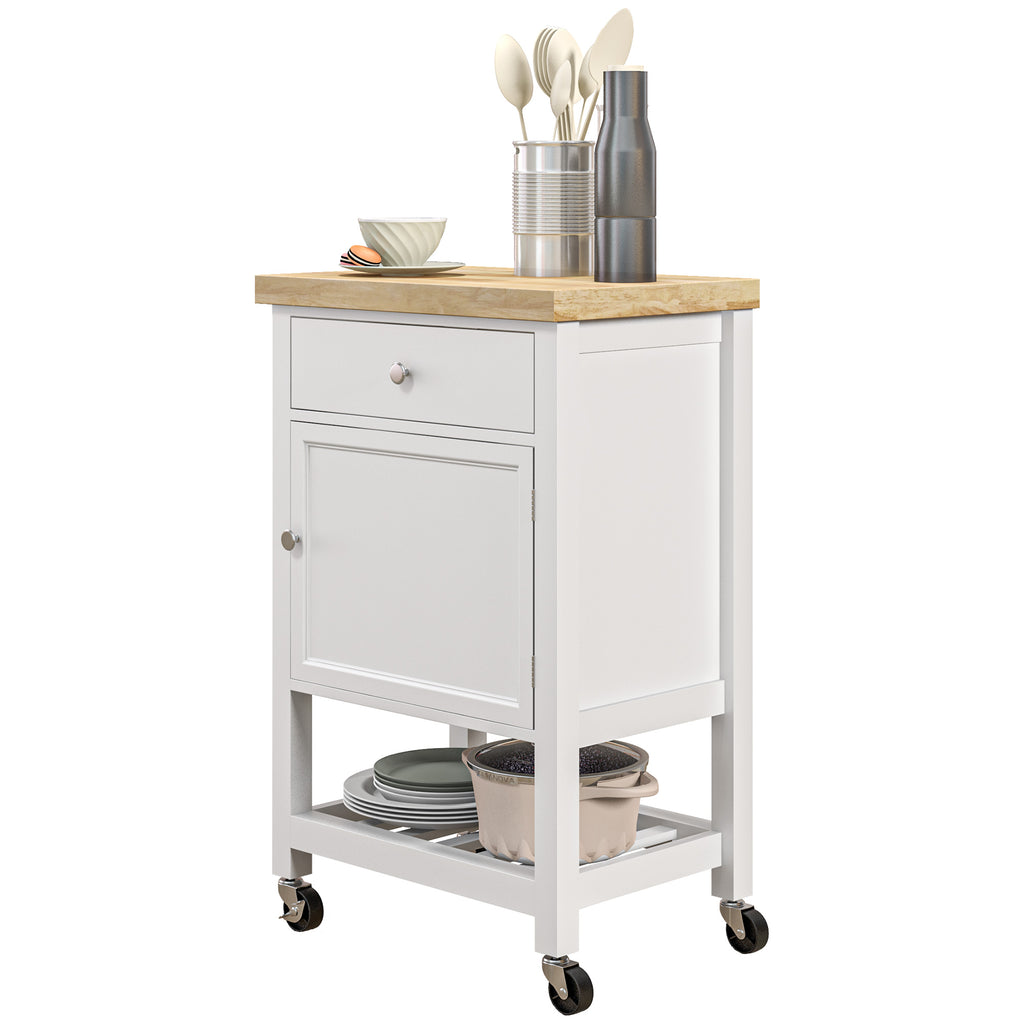 Kitchen Cart on Wheels, Rolling Kitchen Island Cart with Wood Top, Towel Rack, Drawer and Shelf for Dining Area, White