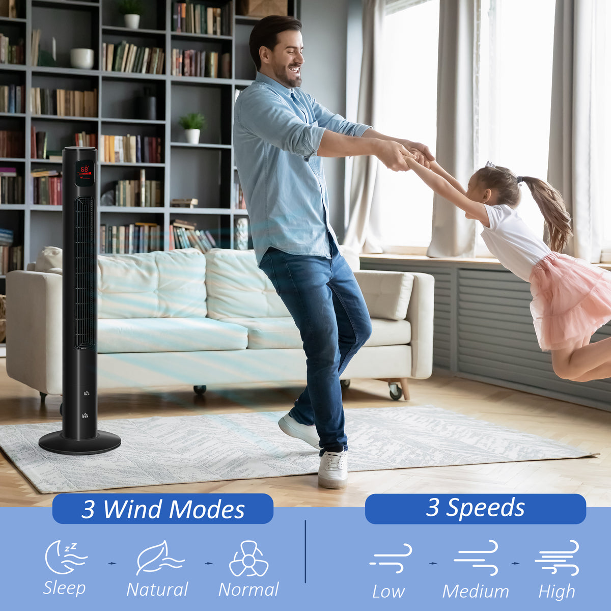 Freestanding Tower Fan Cooling for Home Bedroom with Oscillating, 3 Speed, 12h Timer, LED Sensor Panel, Remote Controller, White