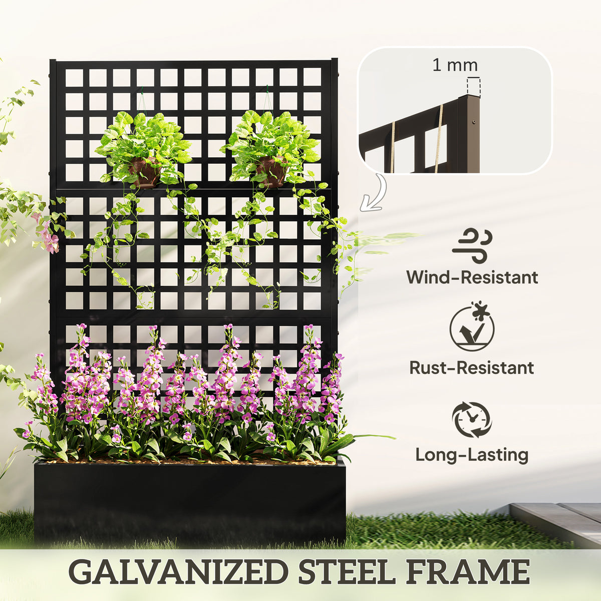 Galvanized Raised Garden Bed Planter Box with Trellis for Climbing Plants, Vegetable, Vines, 35" x 16" x 70", Black