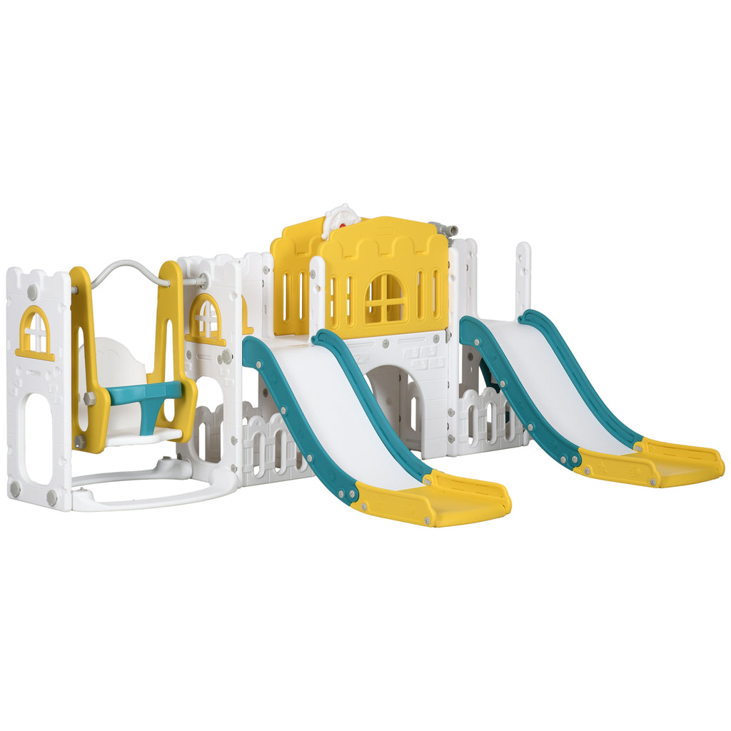 Qaba 8 in 1 Slide and Swing Set, Toddler Slide Set with Basketball Hoop, Climber, Steering Wheel, for Aged 1-3 Years, Yellow