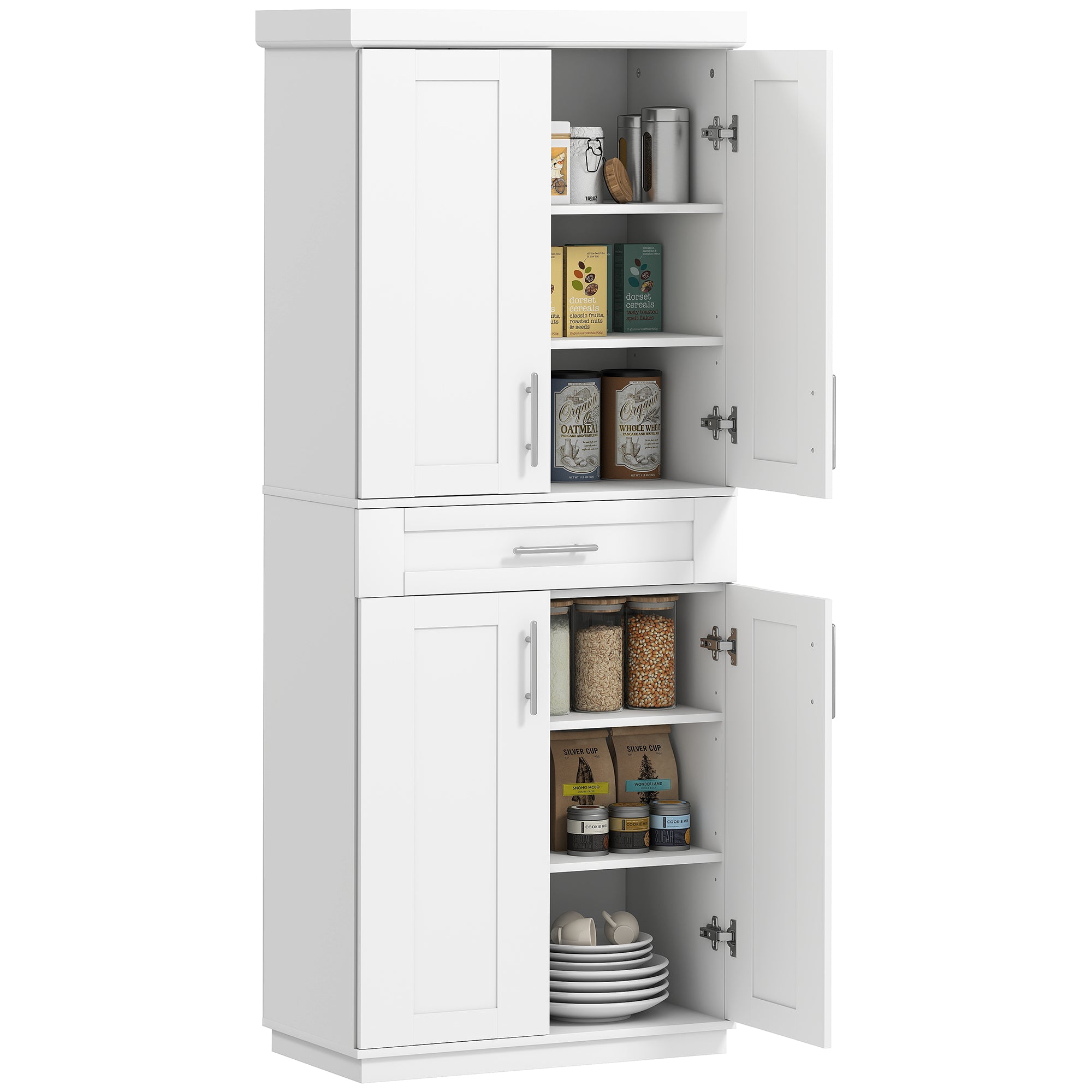 72" Storage Cabinet, Freestanding Kitchen Pantry Cabinet with 4 Doors, Drawer and 3 Adjustable Shelves, White
