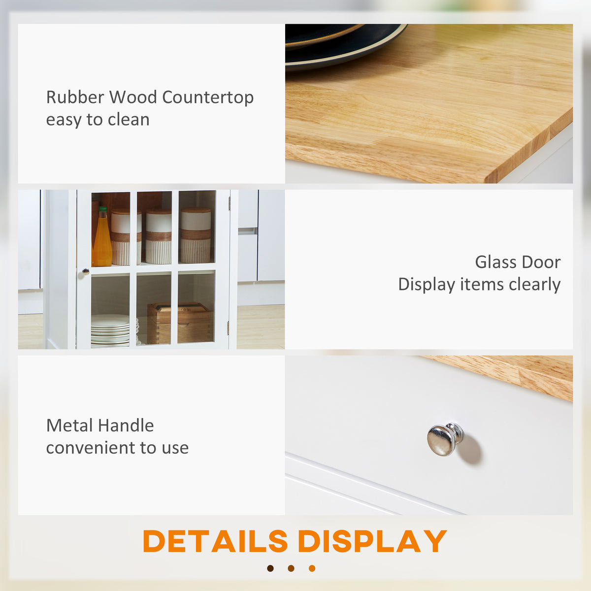 عربة مطبخ بعجلات مع درج وخزانة بباب زجاجي، جزيرة مطبخ بعجلات مع علاقة مناشف، أبيض