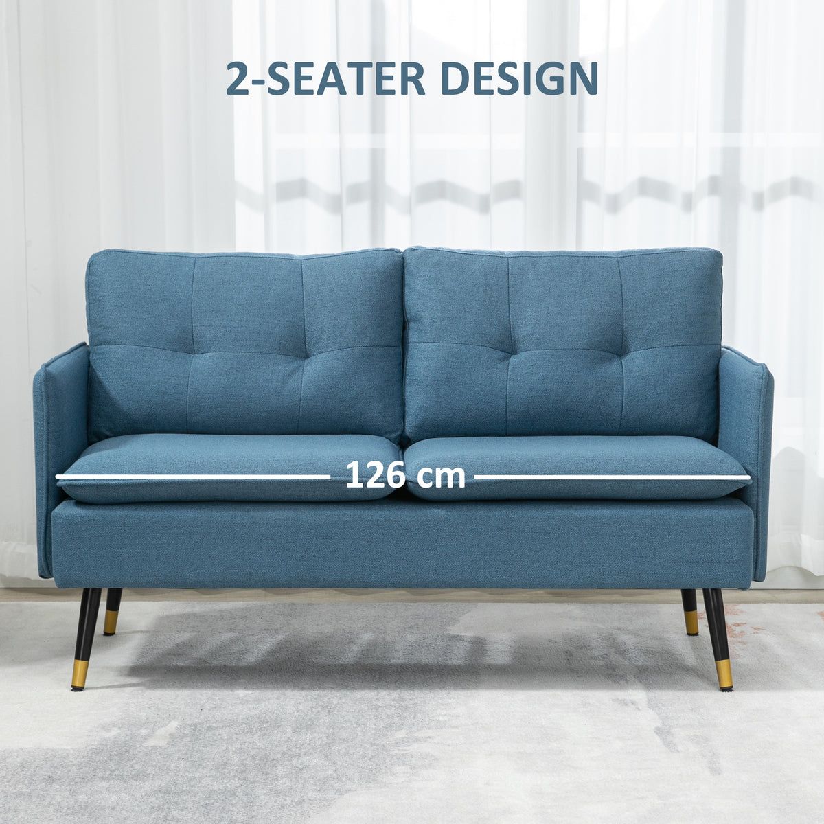 55" Loveseat Sofa, Linen Love Seat w/ S spring, Steel Legs and Button Tufting, Small Couch for Living Room, Dark Blue