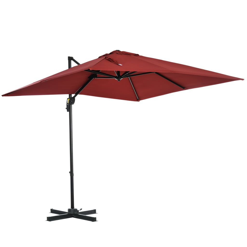 8' x 8' Square Patio Hanging Offset Umbrella with 360° Rotation, Aluminum Outdoor Cantilever Parasol with Crank & Tilt, Sun Canopy Shelter with Cross Base, Wine Red