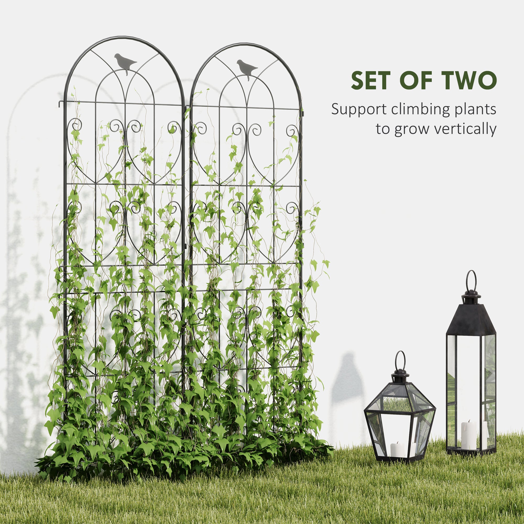 Set of 2 Metal Garden Trellis, Decorative Trellis Panels, Bird Design, 150 x 50 cm, Black