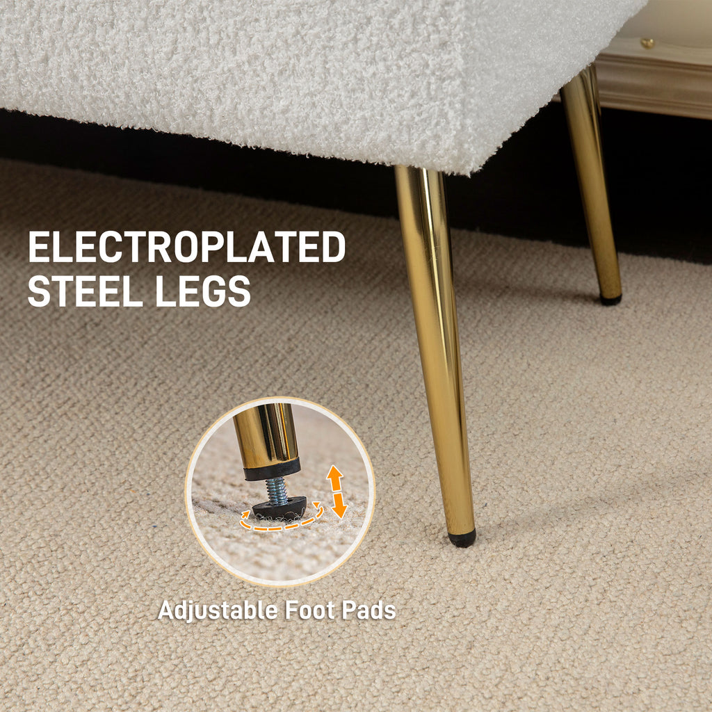 44" Lamb's Wool-Feel Upholstered Bedroom Bench, End of Bed Bench with Thick Padded Cushion and Steel Legs, Cream White