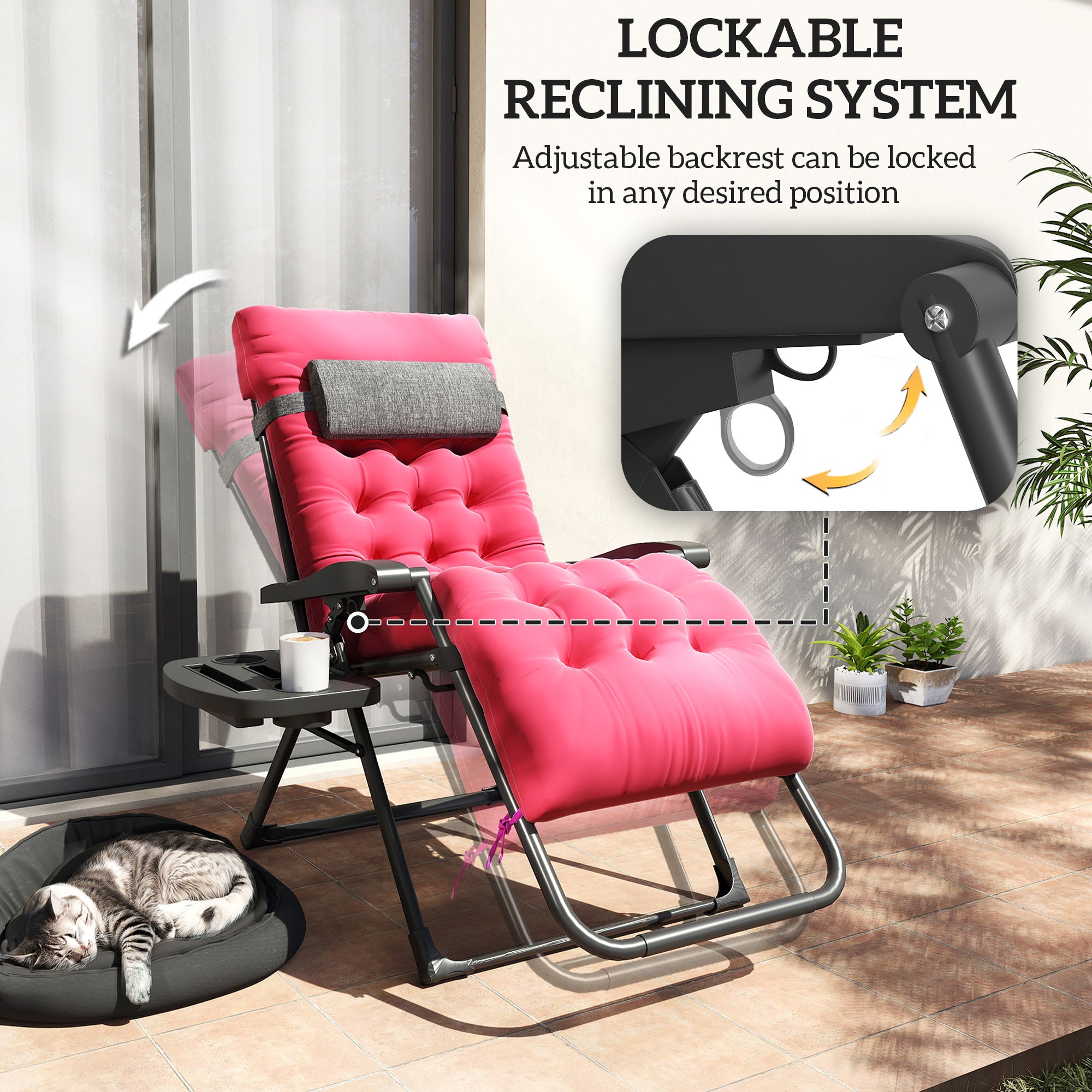 Padded Zero Gravity Chair, Folding Recliner Chair, Patio Lounger with Cup Holder, Adjustable Backrest, Removable Cushion for Outdoor, Deck, Poolside, Red