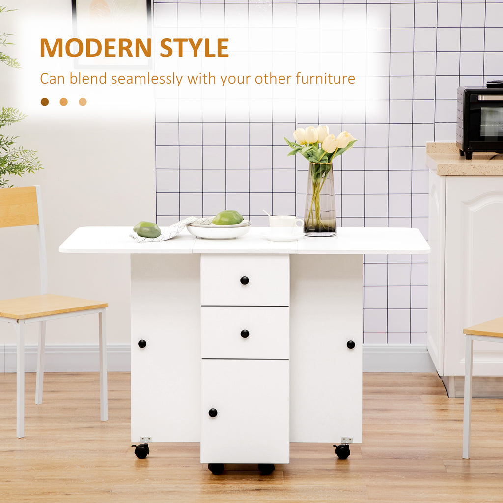 Foldable Dining Table, Rolling Kitchen Table with Storage Drawers and Cabinet, Drop Leaf Table on Wheels, Grey