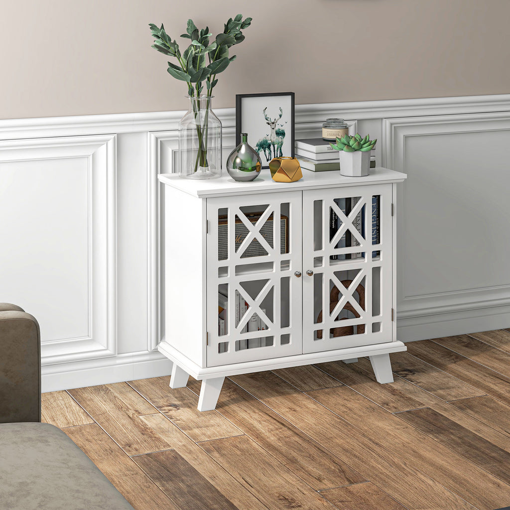 Storage Cabinet with Fretwork Doors and Shelf, Modern Freestanding Sideboard, Buffet, White