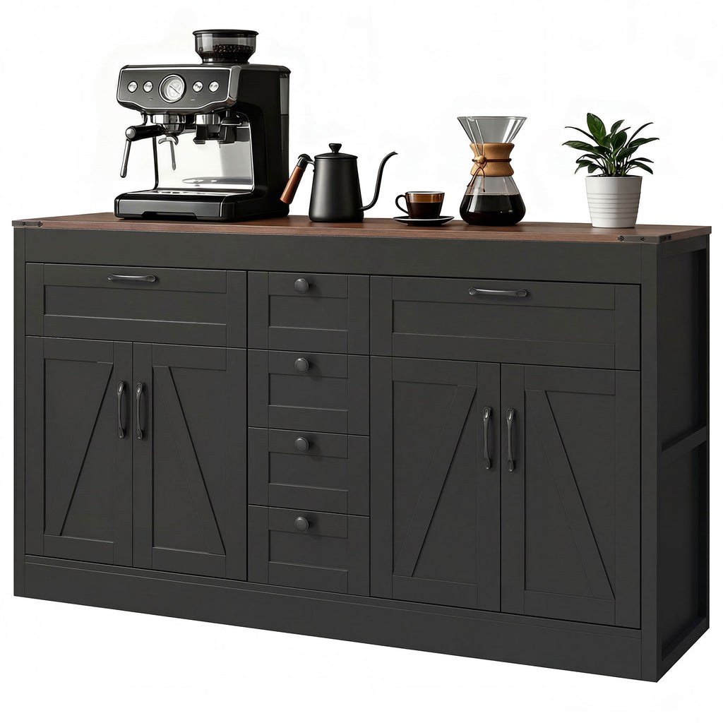 Sideboard Buffet Cabinet, 55" Farmhouse Kitchen Cabinet with 4 Barn Doors, 6 Drawers and 2 Adjustable Shelves, White
