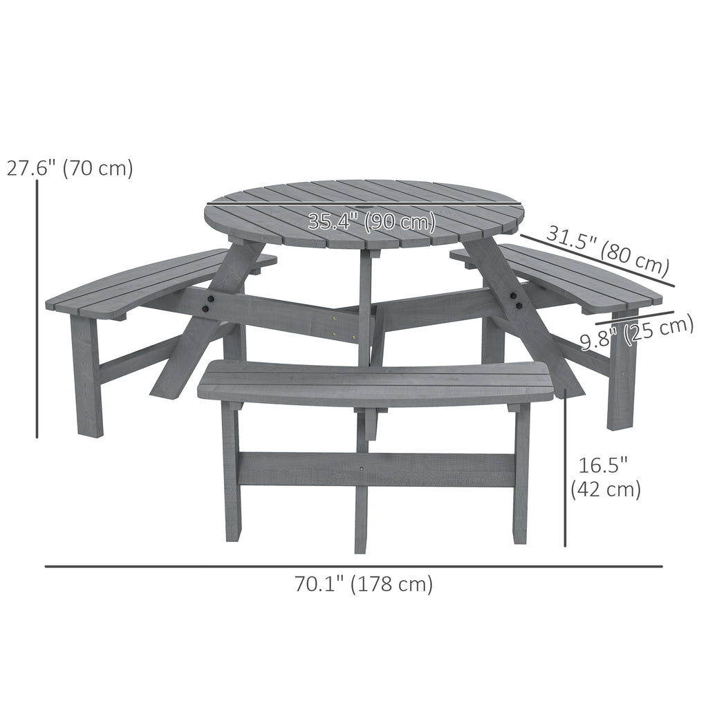 6 Person Round Picnic Table Bench Set with Umbrella Hole, Wood Patio Table with 3 Built-in Benches for Garden, Deck, Backyard, Brown