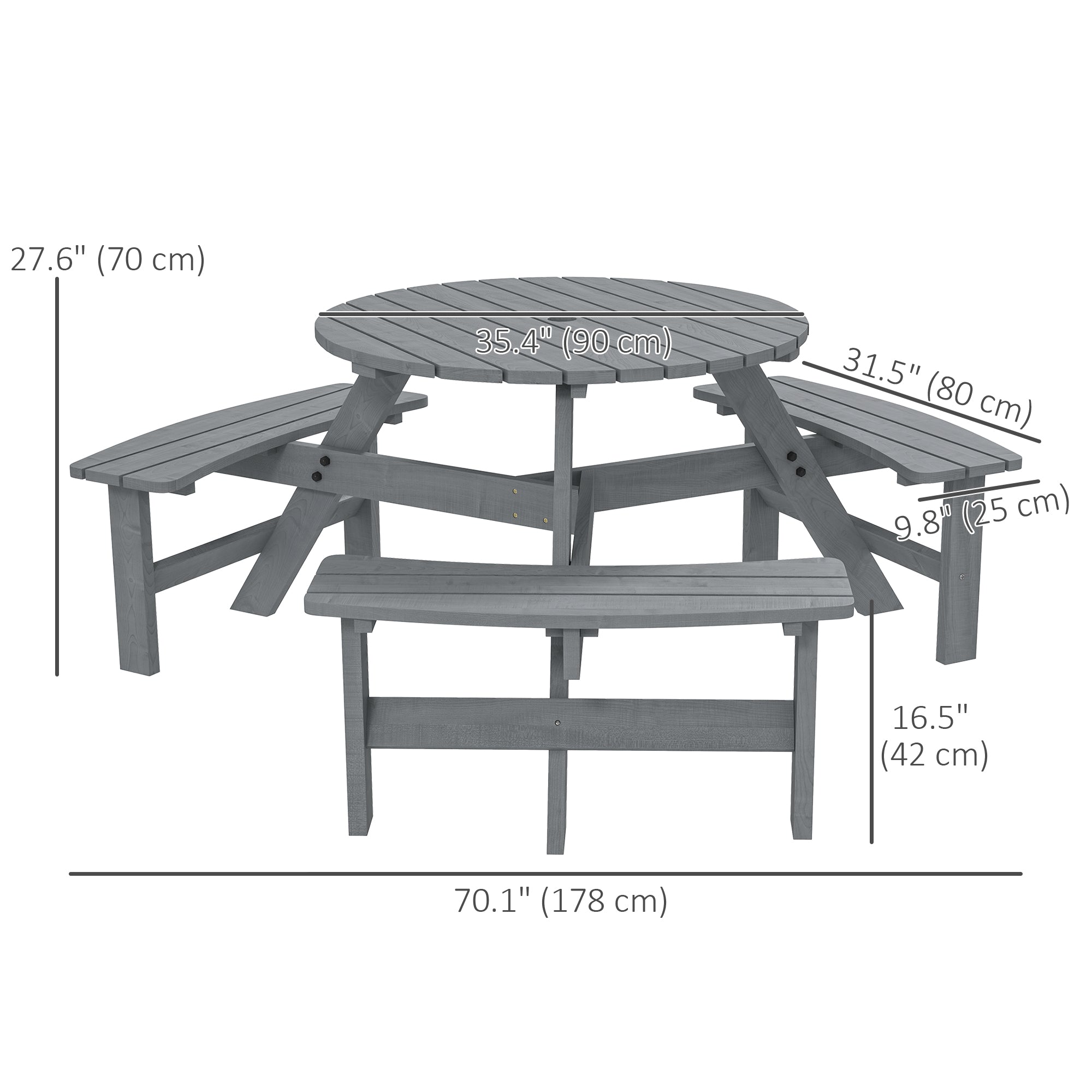 6 Person Round Picnic Table Bench Set with Umbrella Hole, Wood Patio Table with 3 Built-in Benches for Garden, Deck, Backyard, Brown