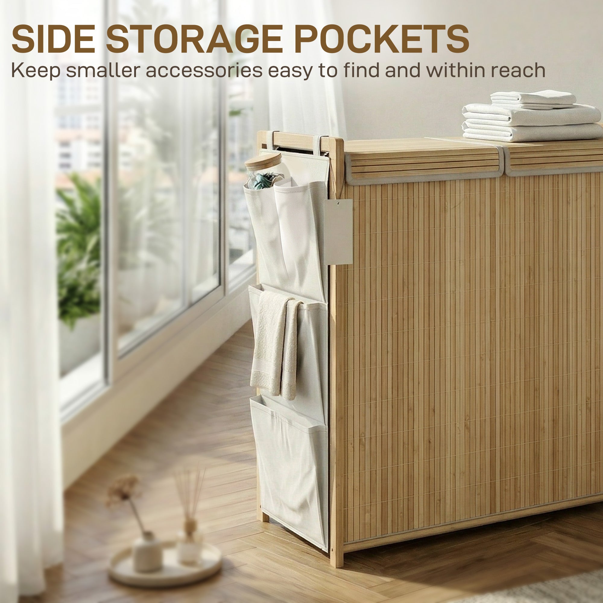 Bamboo Laundry Hamper with Removable Drawstring Bag and Side Storage Pockets, 20 Gal, Natural